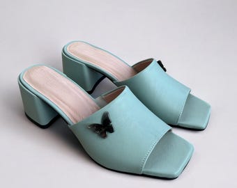 Handcrafted Women&#39;s Mint Green Genuine Leather Heeled Sandals with Butterfly Buckle - K.341-016