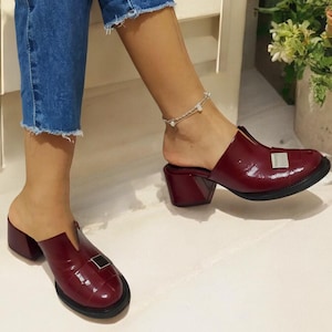 Women's Burgundy Genuine Patent Leather Heeled Stylish Sabot Mules,Women Slipper,clogs Closed-Toe Buckled Daily, Slip On,Open-Back K.168.250