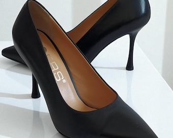 Handmade Genuine Black Leather Stiletto Heels, 9 cm Heel Pointed Toe Elegant Shoes
