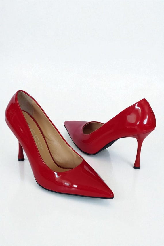 Genuine Cherry Red Patent Leather Stiletto Heels, 9 cm Heel Pointed Toe Elegant Shoes