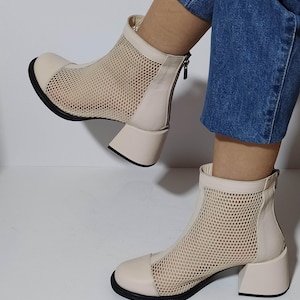 Beige Leather Summer Ankle Boots for Women – Handmade Block Heel Mesh Booties, Genuine Leather K.268-019