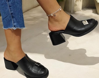 Handcrafted Leather Sabot Mules, Black Heeled Clogs