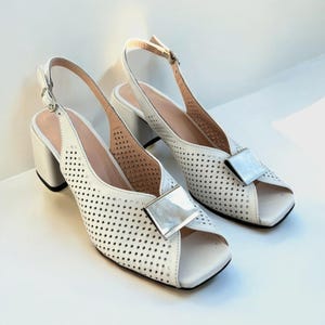 Handmade Women&#39;s White Genuine Leather Peep-Toe Heeled Shoes, K.342-01