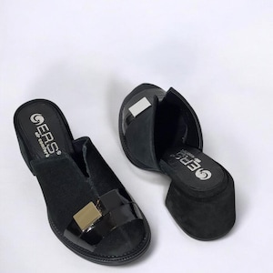 Women Genuine Suede Leather Black Heeled Stylish Sabot Mules, Slippers, clogs | Closed-Toe Buckled Daily, Slip On, Open-Back K.345.035