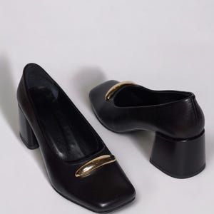 Handmade Women&#39;s Black Genuine Leather Heeled Shoes with Square Toe and Gold Buckle Detail - K.357-001