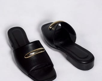 Handcrafted Women&#39;s Black Genuine Leather Stylish Slip-On Slides with Gold Buckle - K.358-001