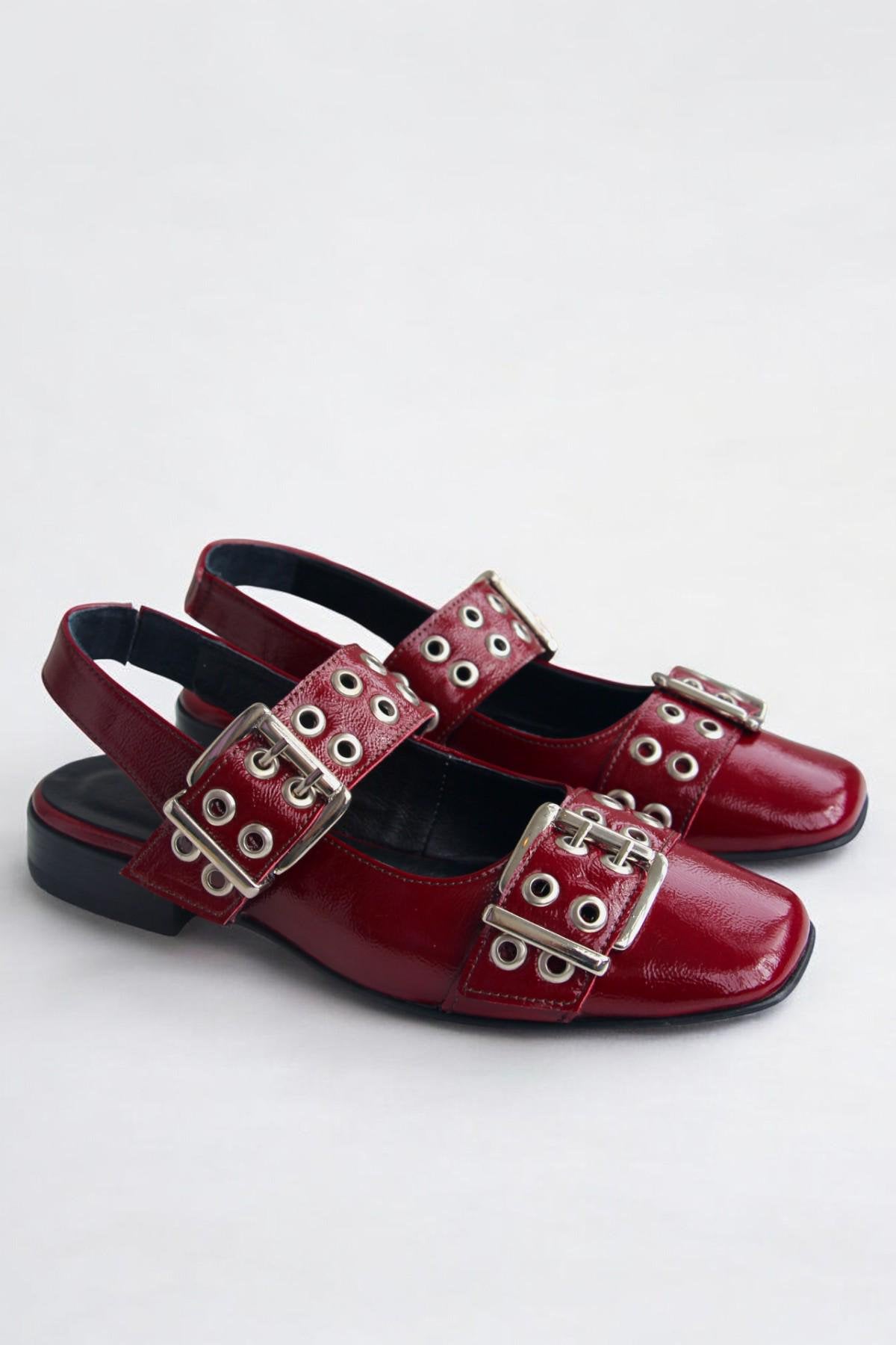 Burgundy Patent Leather Flats | Buckle Detail Backless Shoes
