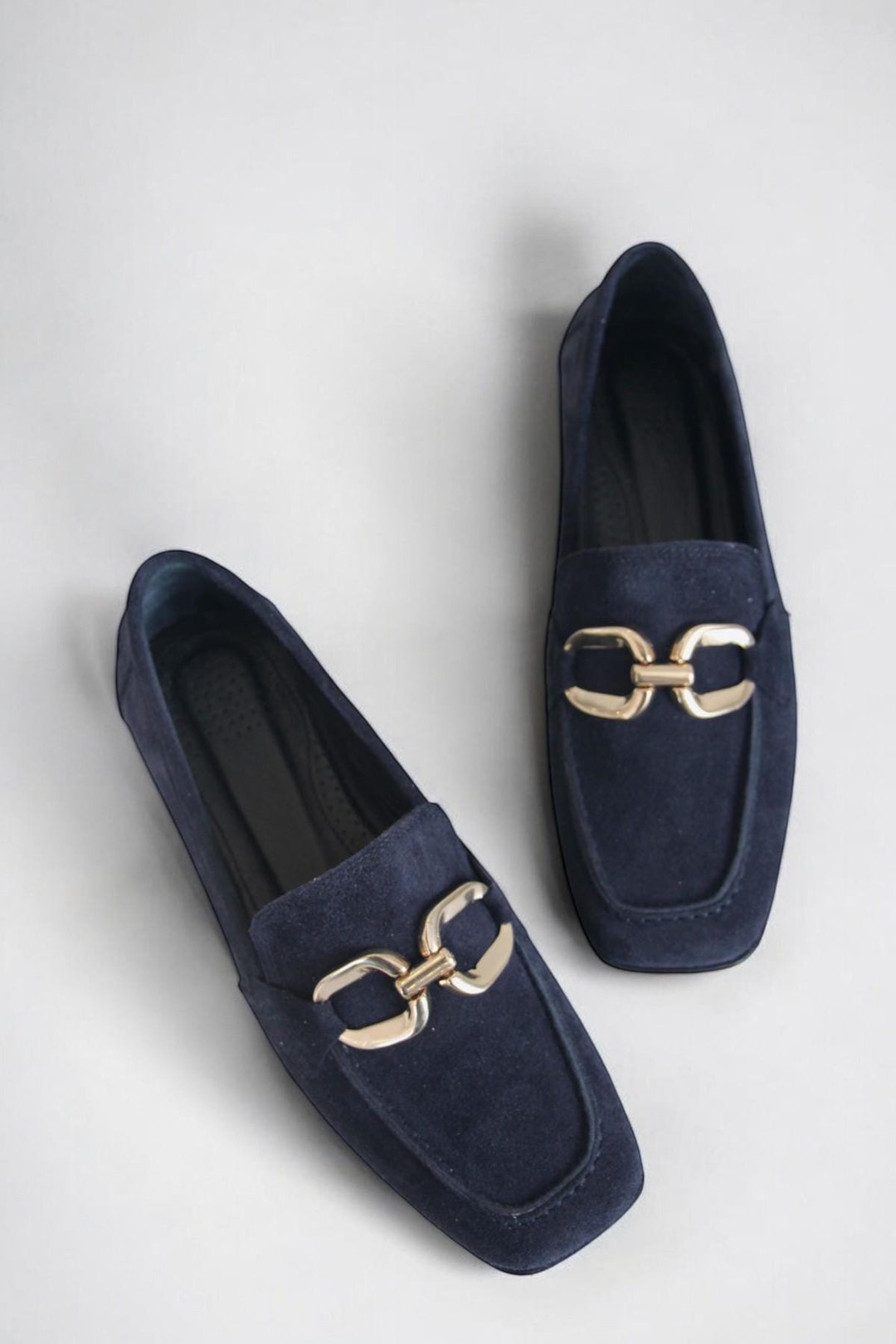 Handcrafted Women's Navy Blue Genuine Suede Leather Gold Buckle
