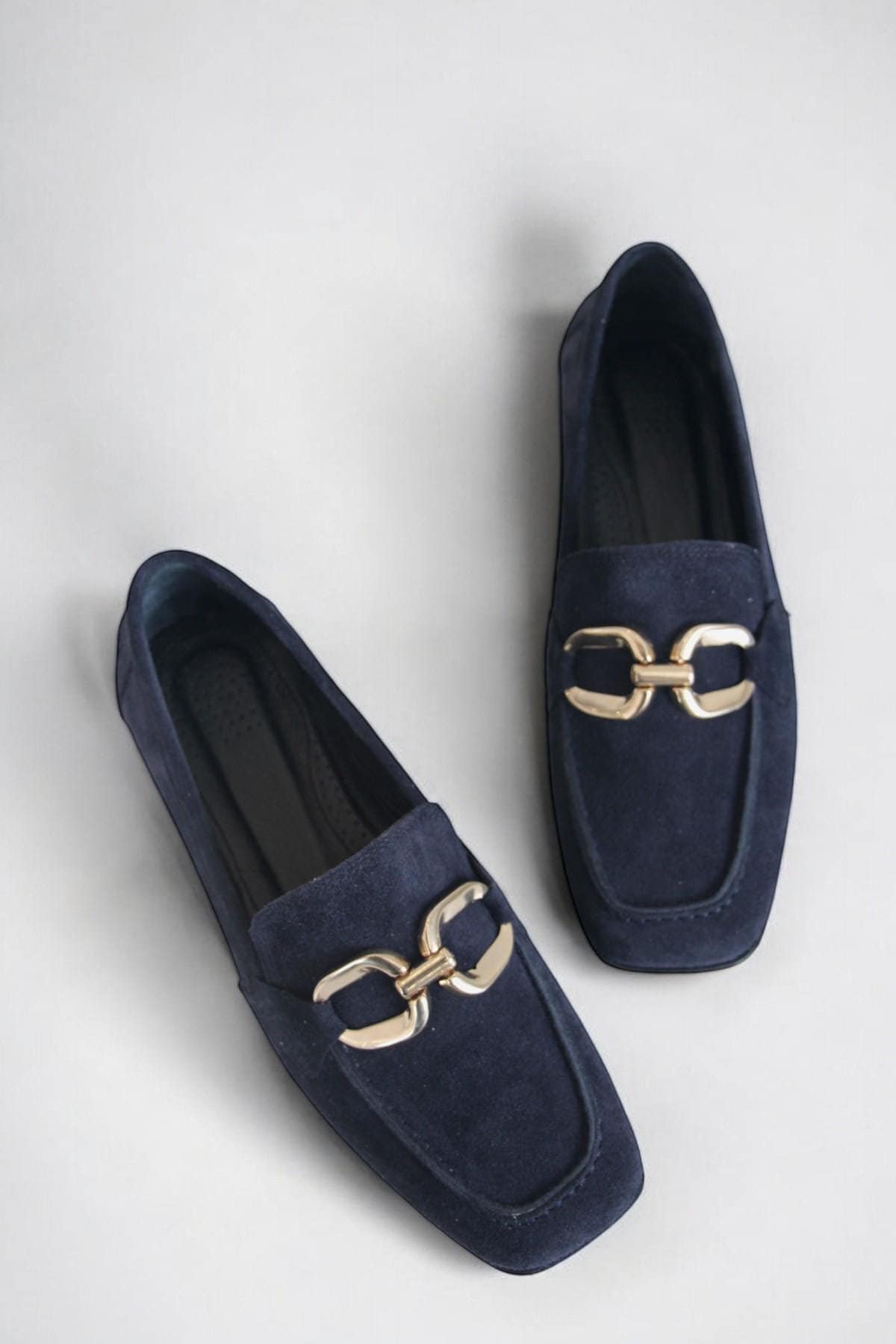Handcrafted Women's Navy Blue Genuine Suede Leather Gold Buckle