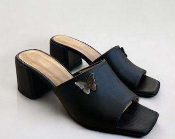 Handmade Women's Black Genuine Leather Heeled Sandals with Butterfly Buckle - K.341-001