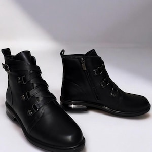Handmade Women&#39;s Genuine Leather Black Leather Lace-Up Boots | Comfortable & Stylish Daily Winter Ankle Boots | K.175-001