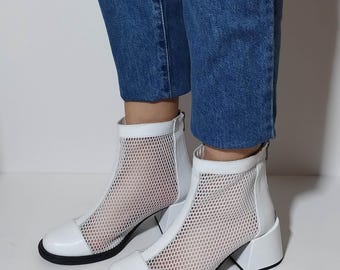 Handmade White Leather Mesh Ankle Boots – Block Heel Summer Booties