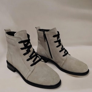 Handmade Women&#39;s Genuine Suede Leather Beige Lace-Up Zipper Boots | Comfortable & Stylish Daily Winter Ankle Boots | K.176-011