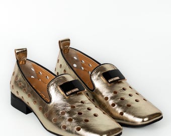 Elegant Genuine Leather Casual Flats, Handmade Soft Women’s Shoes, Gold Silver Flats