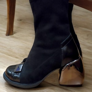 Genuine Leather Handmade Black Suede Leather/Black Stretch 6 cm Heeled Ankle Boots Women&#39;s Boot with Front Buckle Black nickel heel
