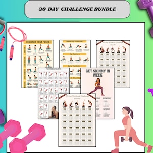 Op de afbeelding: Een bundel fitnessposters en trainingsgidsen. De posters tonen yoga-houdingen voor beginners, hamstring stretches en heupopeners. De tekst "30 DAY CHALLENGE BUNDLE" staat bovenaan. Roze dumbbells en een springtouw.