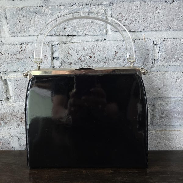 Rare vintage sac convertible L&M des années 1950 à 3 poignées en lucite transparente en cuir verni noir et crème argenté or