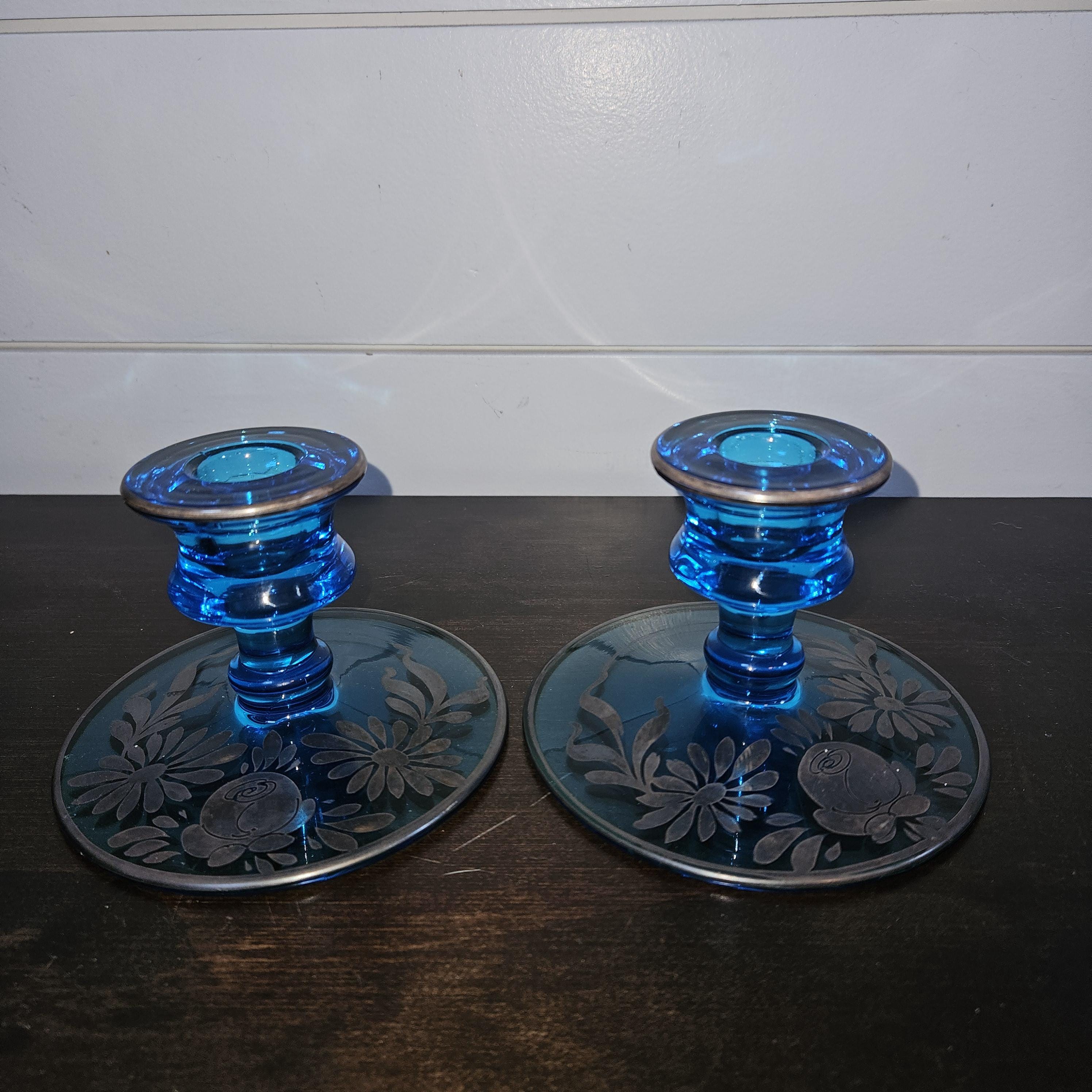 Vintage Italian Cobalt Blue Glass Candle Holder With Silver Overlay