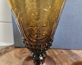 Fleur De Lis Goblet Water Wine Glasses Green and Amber Glass Hobnail Drinkware French