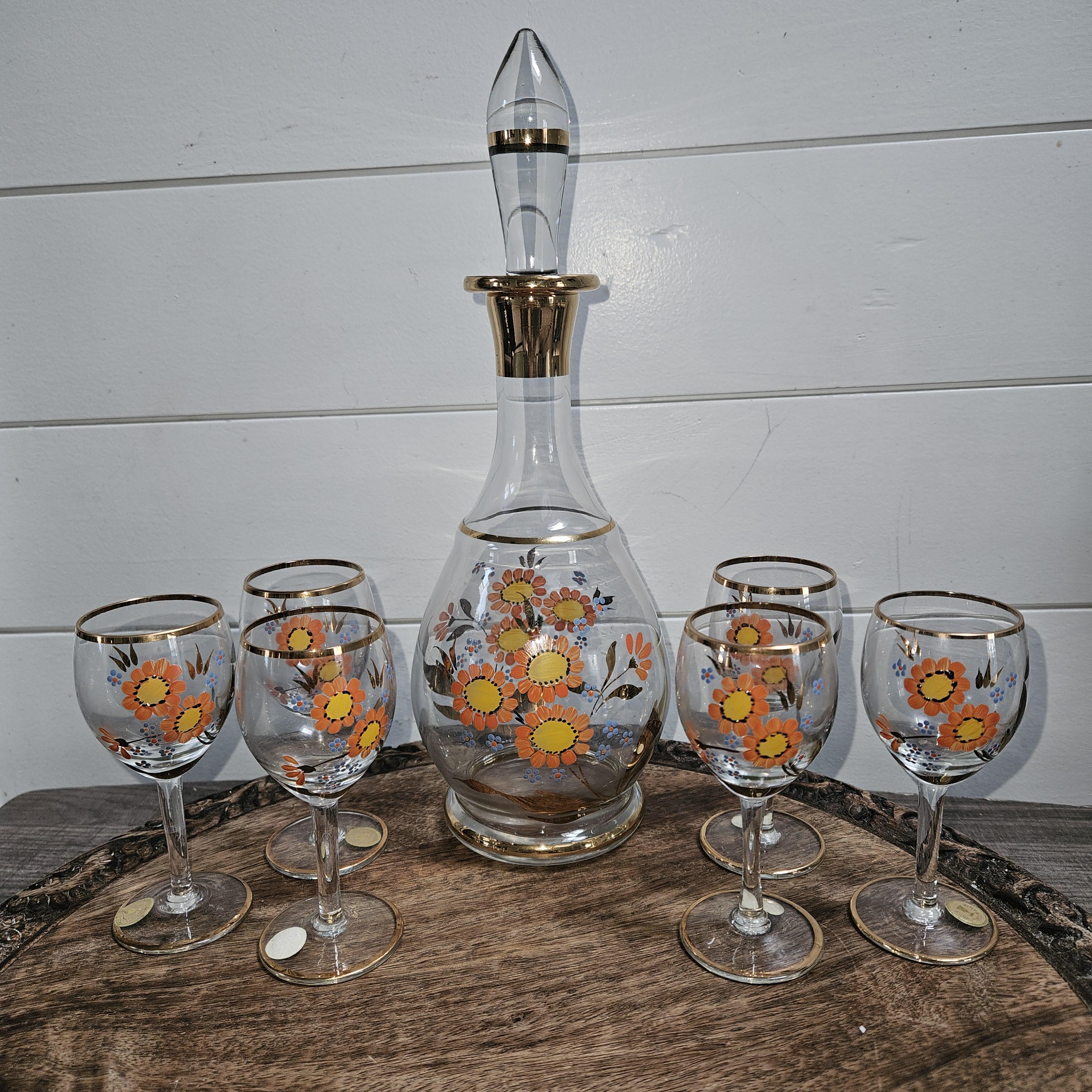 Vintage MCM Romanian Hand Painted Gold Encrusted Liqueur Decanter