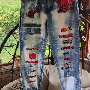 PatchworkUpcycledVintageDistressedJeans, Boho Bleached Patches Denim, Applique Bandana Streetwear Unique Jean