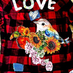 UpcycledPatchworkBohoOversizedShirt FallBoyfriend XLFlannel Shacket: WorkshirtPlaidAutumn RosesRustic Appliques Handmade