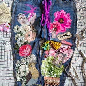 Upcycled PatchworkAppliqueJeans Size 14to16  StraightStretchMediumDarkerDistressed Vintage StyleBoho:  HandpaintedDenim Handmade Appliques.