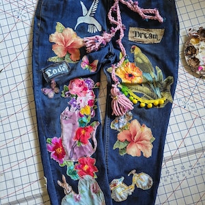 UpcycledPatchworkApplique StraightCroppedAnkle Jeans Size 14to16 DarkerVintageStyleBoho:  Handpainted Distressed Handmade Appliques.