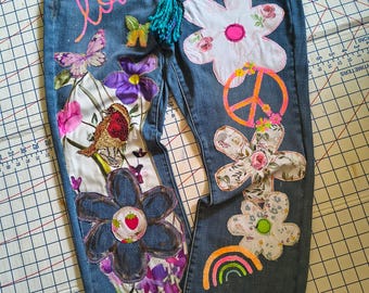 Upcycled PatchworkJeans Bootcut Size 14to16 DarkerBlueBoho:  HandPainted Distressed HandmadeAppliques.