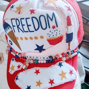 PatchworkRedHeadwearCapApplique Hat, Unisex Patriotic Freedom Style Snapback.