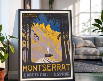 Montserrat Barcelona España Bergbahn Landschaft Dampfzug Reise Poster: Vintage Kunst