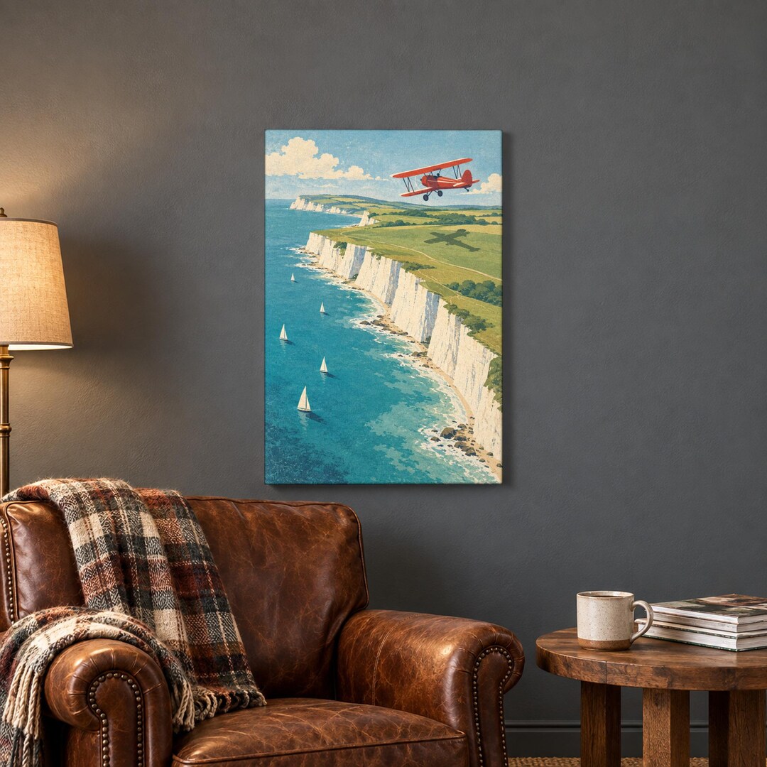 Biplane Gliding Over Chalk Cliffs Canvas Print, Turquoise and Sage ...