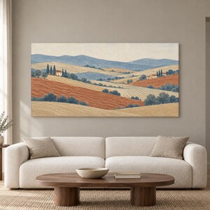Pastoral Valley Panoramic Canvas Wall Art, Dusty Blue Rust, Above Sofa Art
