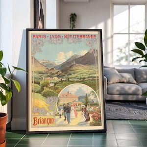 May include: Framed vintage travel poster for Paris-Lyon-Méditerranée, featuring a scenic view of Briançon. The artwork showcases a landscape with mountains, a town, and figures in period clothing. The poster has a black frame and is displayed indoors.