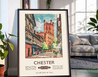 Chester British Eisenbahn Historische Stadt Straße Kathedrale Architektur Reiseplakat: Eisenbahnwerbung