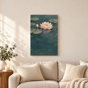 Water Lily Canvas Wall Art, Deep Teal And Blush Watercolour Pond, Christian Gift