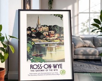 Ross-On-Wye Flussufer Stadtbild Illustration Kirchturmspitze Reiseplakat: Vintage Kunstwerk