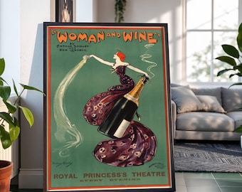 Elegante Frau mit Champagner-Weinlese-Theater-Werbungs-Plakat: Jugendstil-Wein-Illustration