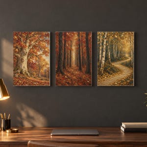 Puede incluir: Tres láminas de arte mural rectangulares con escenas de bosques otoñales. La lámina de la izquierda muestra un gran árbol con hojas naranjas y rojas. La central representa un sendero forestal denso cubierto de hojas caídas.