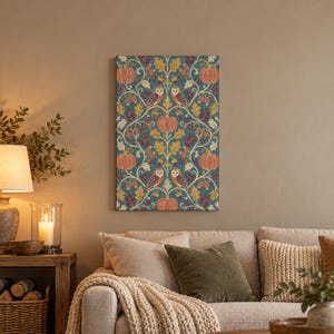 Autumn Trellis Canvas Wall Art, Pumpkin Vine and Owl Pattern in Dusty Teal, Mustard and Terracotta, Stretched Canvas or Framed Canvas Print