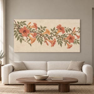 Trumpet Vine Panoramic Canvas Wall Art, Terracotta Rose, Above Bed Decor