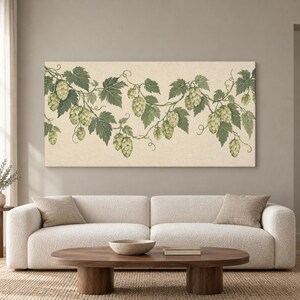Hops Vine Panoramic Canvas Wall Art, Sage Green, Above Bed Decor