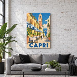 May include: A vertical wall art print featuring a sunny outdoor cafe scene in Capri, Italy. The illustration depicts a clock tower, blue and white striped awnings, lemon trees in terracotta pots, and a server walking toward the sea.