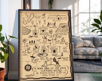 Skurrile Hunde Illustration Landkarte Landgut Illustration Poster: Vintage