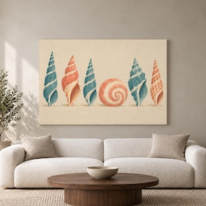 Lienzo estampado con conchas en espiral de coral turquesa, decoración para casas de playa de mediados de siglo.