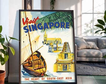 Visit Singapore Travel Illustration Hafen Boot Poster: Vintage Kunstwerk