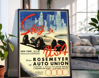 Vintage Rennauto Stadt Skyline Automobil Poster: Historische Motorsport-Werbung