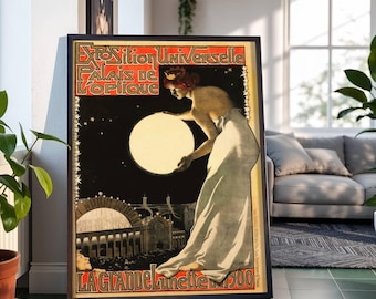 Frau mit leuchtenden Kugel Nacht Architektur Werbeplakat: Vintage Jugendstil