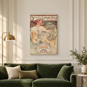 May include: A rectangular wall art print featuring a vintage advertisement for Biscuits Lefèvre-Utile. The illustration depicts a woman with red flowers in her hair holding a biscuit, with the text Biscuits Lefèvre-Utile and Gaufrette Vanille.