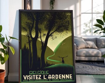 Visitez Lardenne Stilisierte Waldlandschaft Hirsch Silhouette Reise Poster: Vintage Kunstwerk